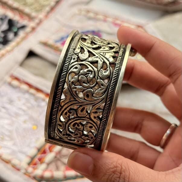 Traditional antique chitai design sterling silver kada for women  