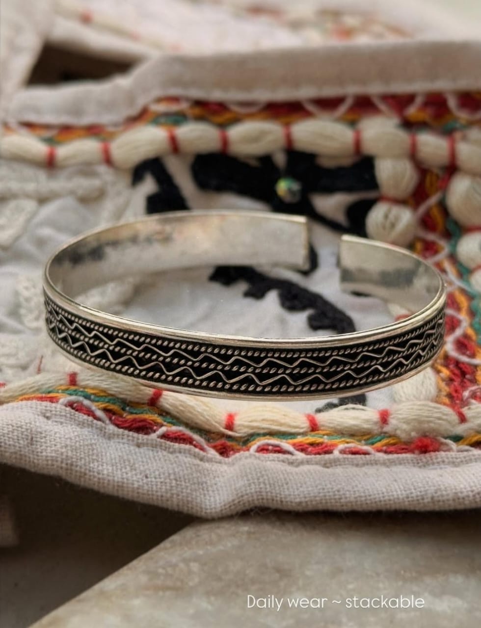 Boho oxidised sterling silver cuff with wavy rope detailing  