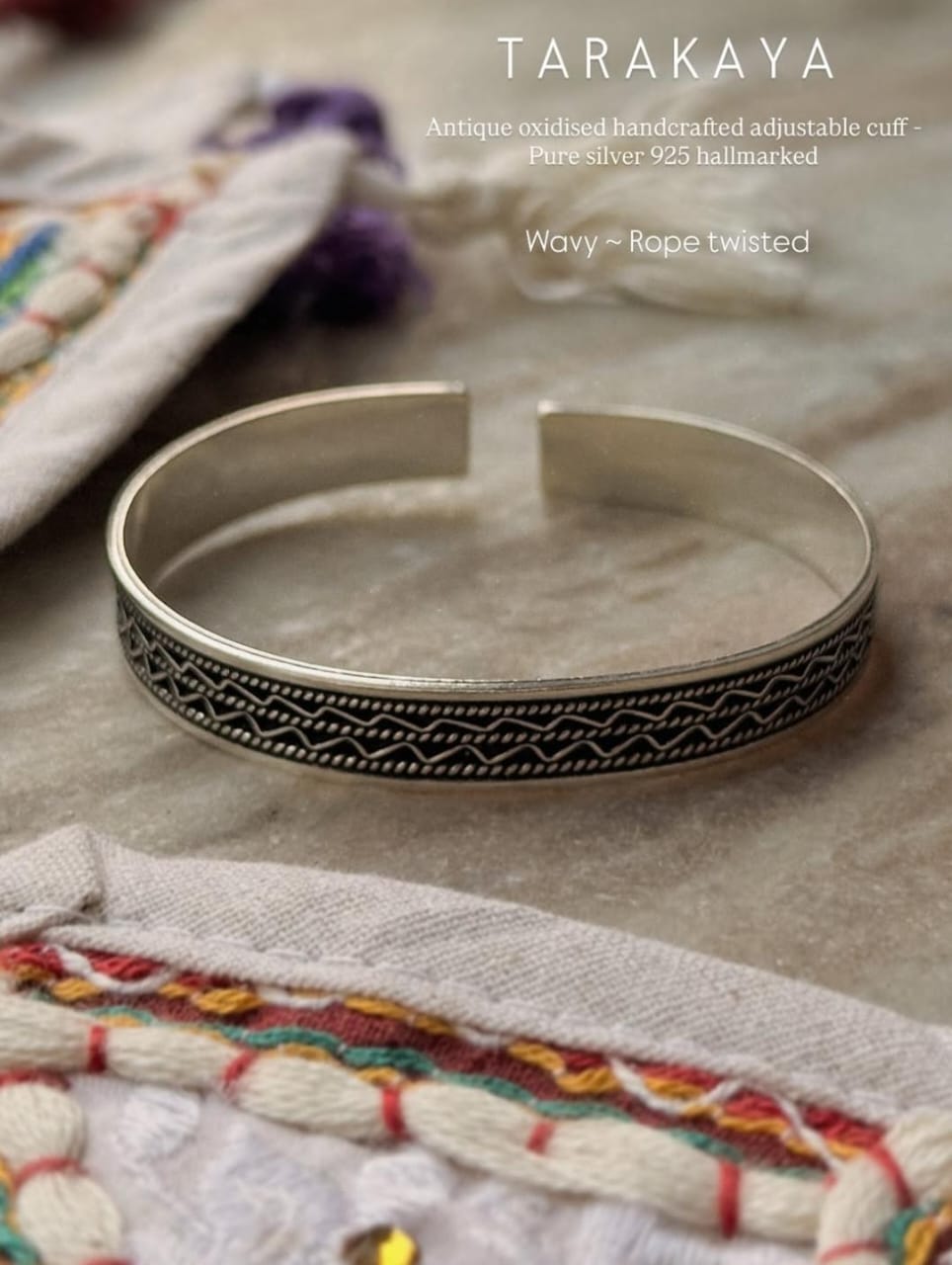 Handmade oxidised silver cuff with wavy rope twist design
