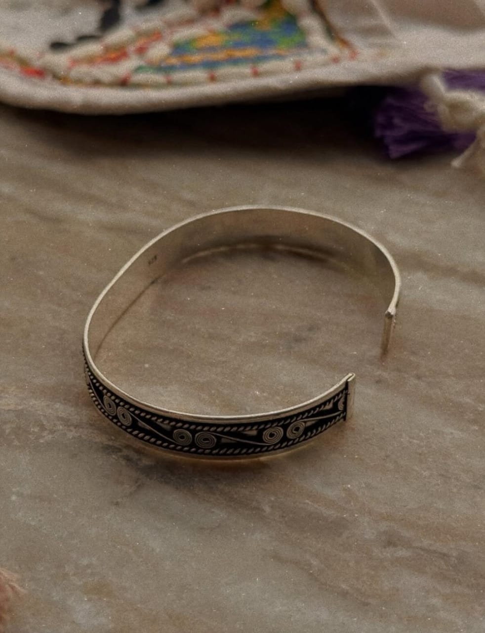 Boho oxidised sterling silver cuff with spiral rope detailing  