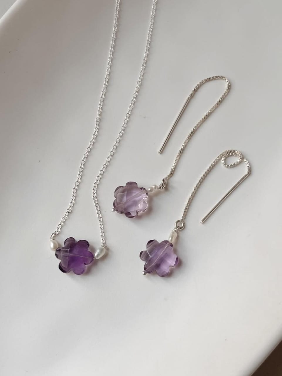  925 Sterling Silver Amethyst Flower Pearl Sui Dhaga Jewelry Set