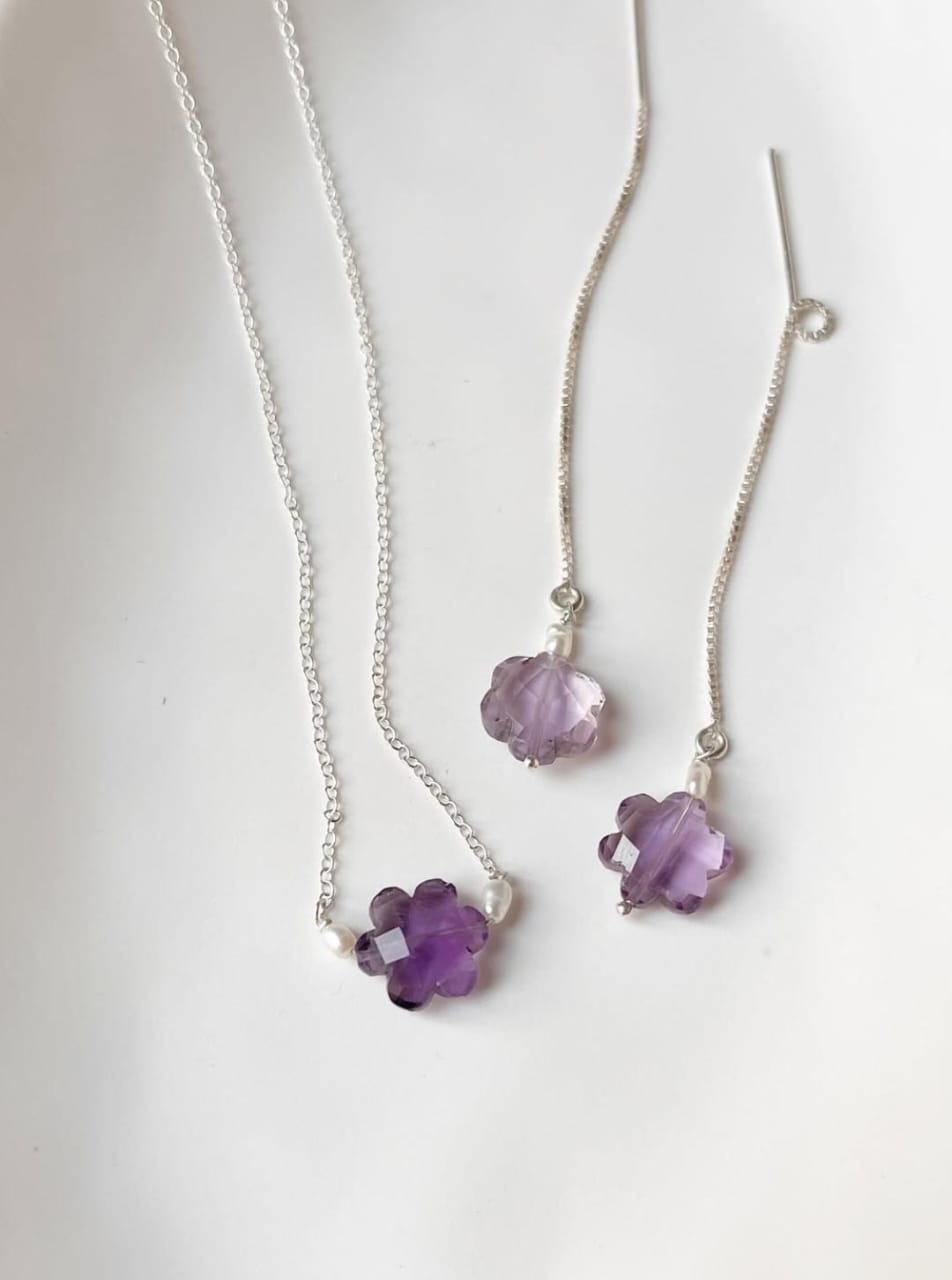 Elegant Amethyst Flower Freshwater Pearl Silver Jewelry Set