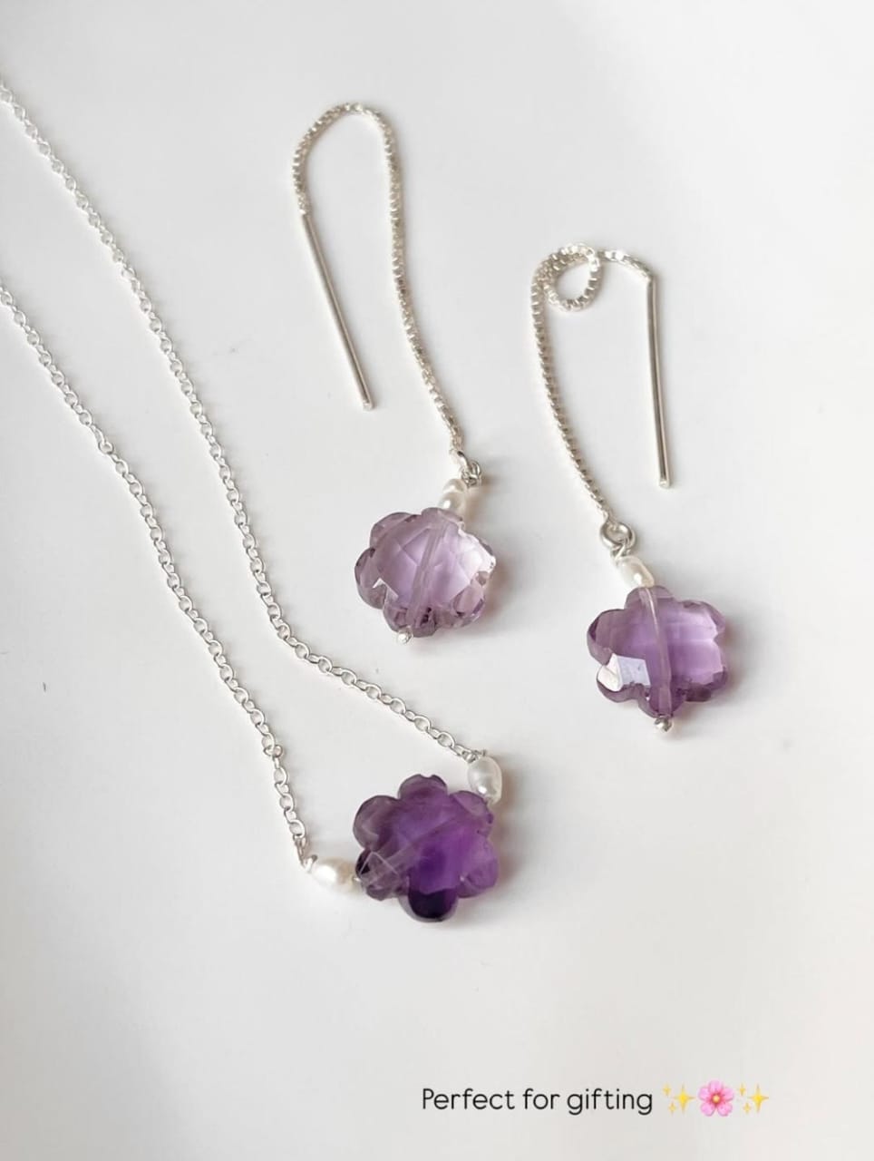 Handcrafted Amethyst and Pearl Threader Earring Necklace Set  