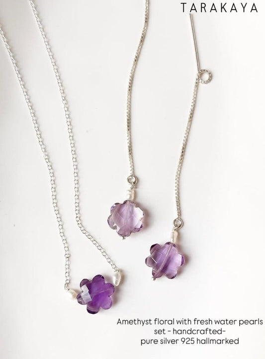 Amethyst Flower and Freshwater Pearl Silver Threader Necklace Set 