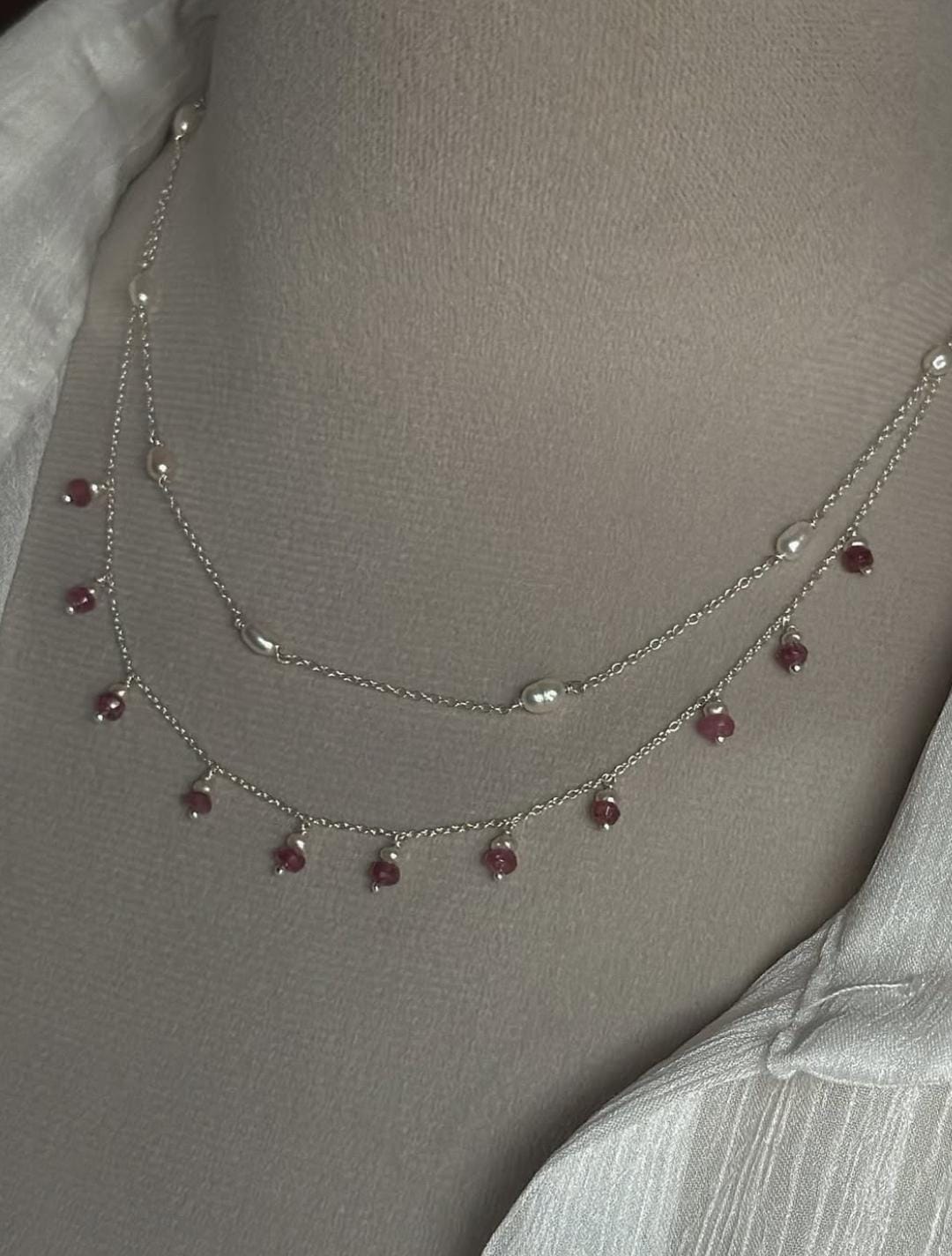 Serene Fresh Water Pearls & Pink Tourmaline Cable Chain Choker 925 Sterling Silver Necklace