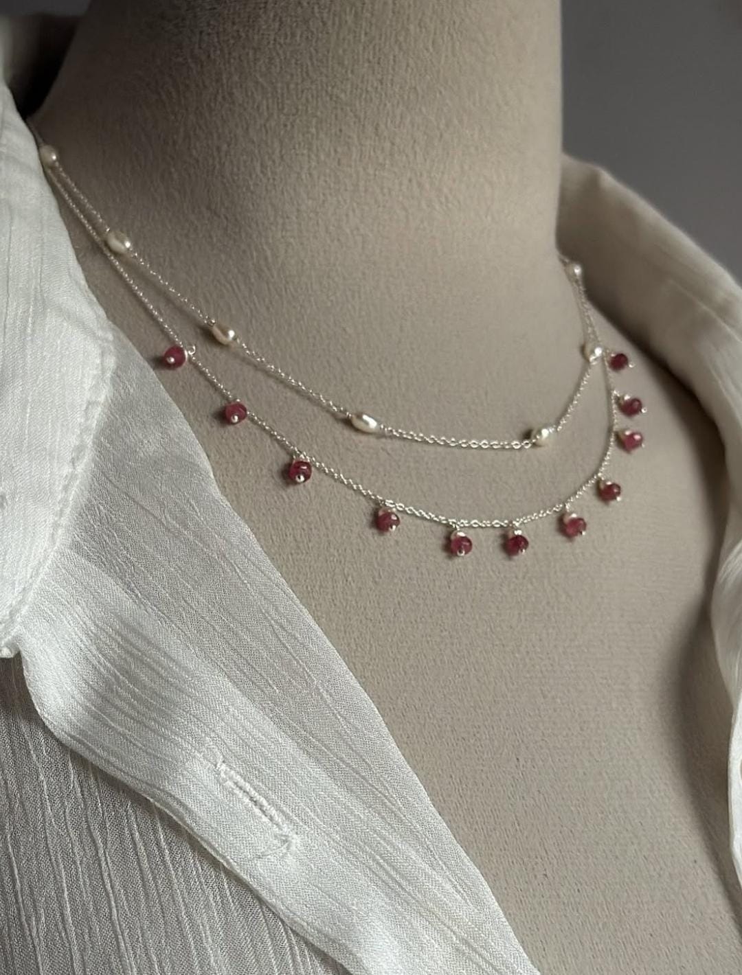 Serene Fresh Water Pearls & Pink Tourmaline Cable Chain Choker 925 Sterling Silver Necklace