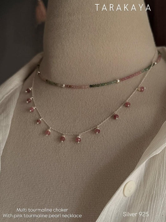 Multi Tourmaline & Pink Tourmaline  Cable Chain 925 Sterling Silver Choker Necklace