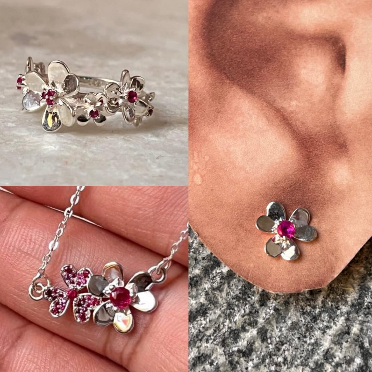 925 Sterling Silver Ruby Studs, Necklace & Ring Set