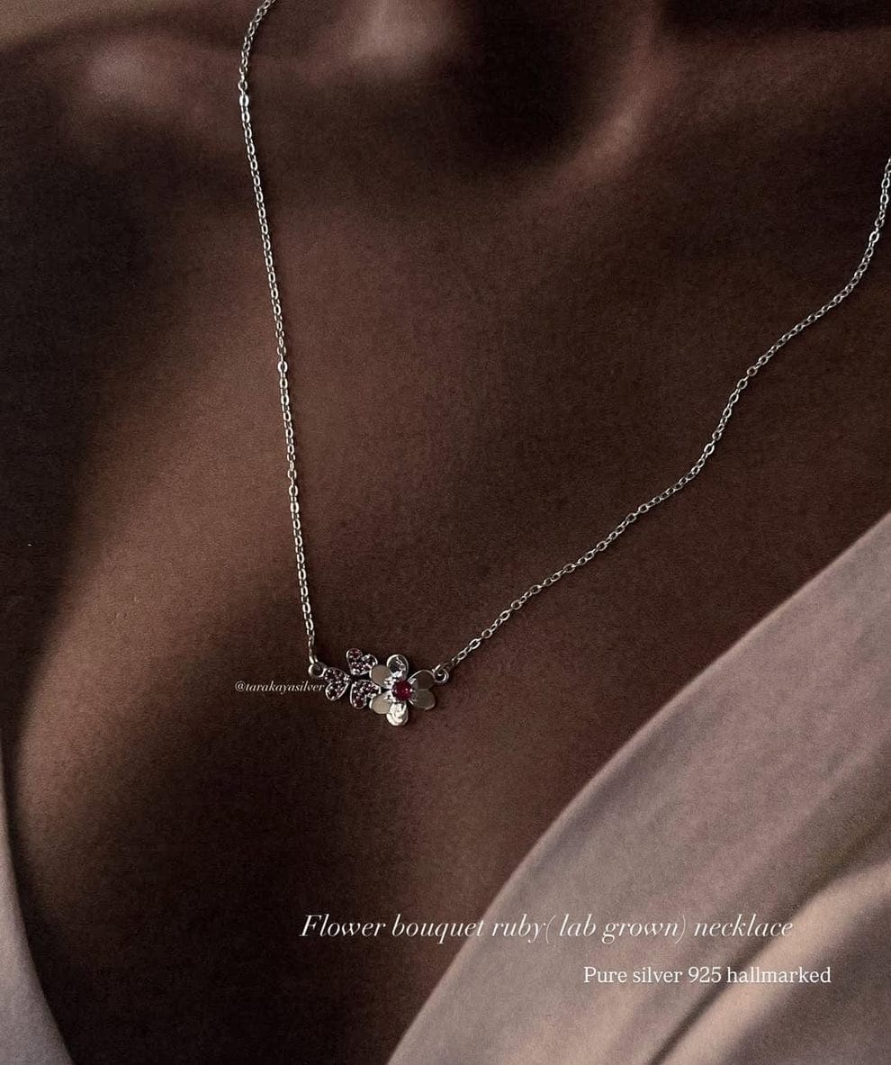 925 Sterling Silver Ruby Studs, Necklace & Ring Set