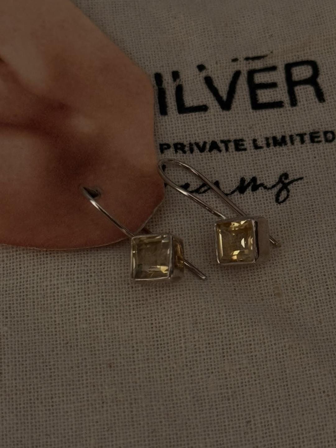 Faceted square citrine gemstone silver hook earrings