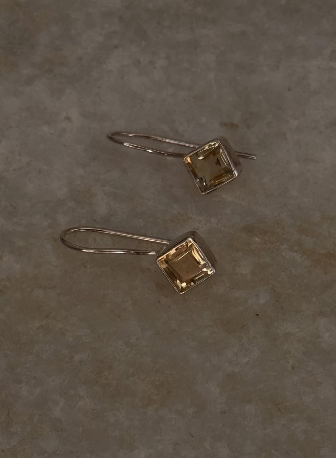 Square citrine gemstone hook earrings in sterling silver