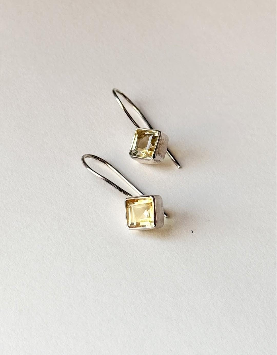 Handcrafted citrine square cut hook sterling silver earrings