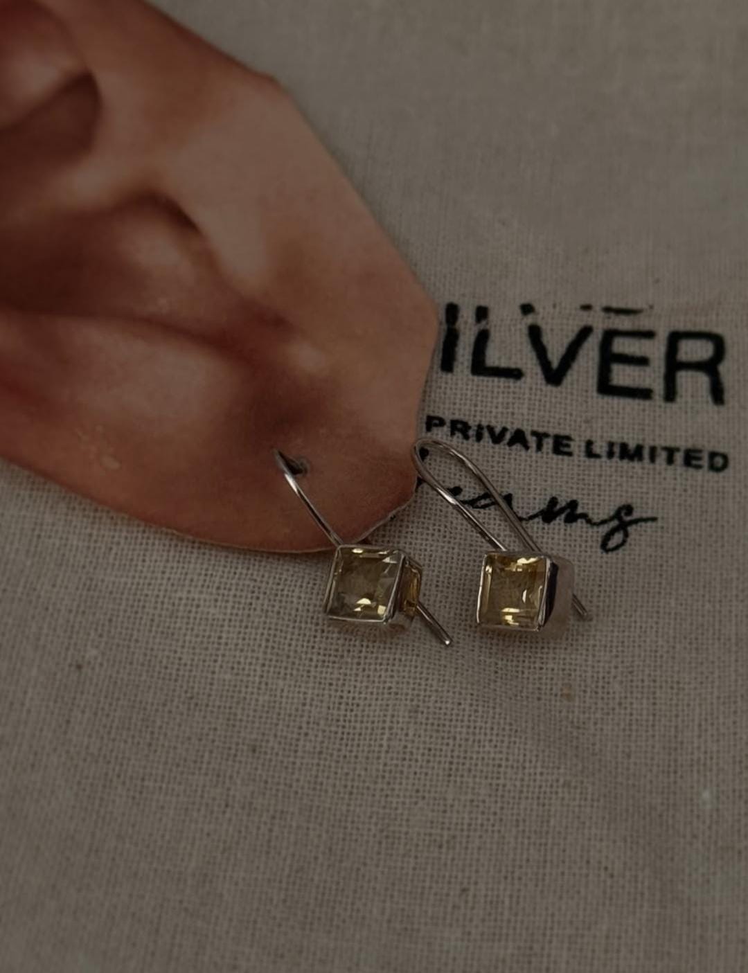 Citrine square cut drop silver hook earrings