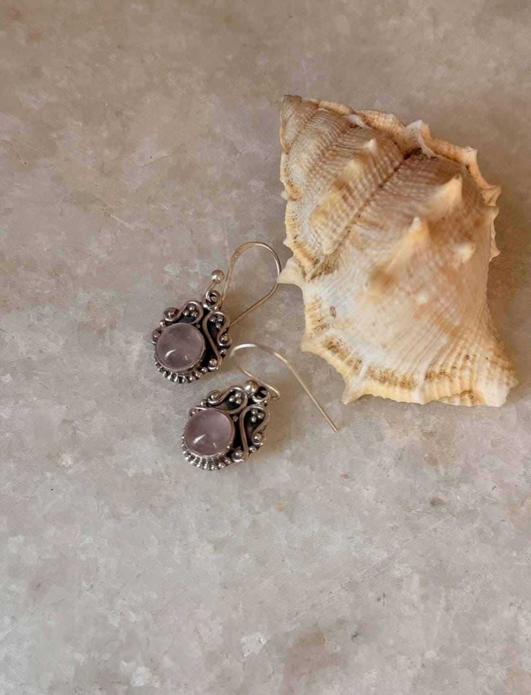 Boho style rose quartz round rawa silver earrings