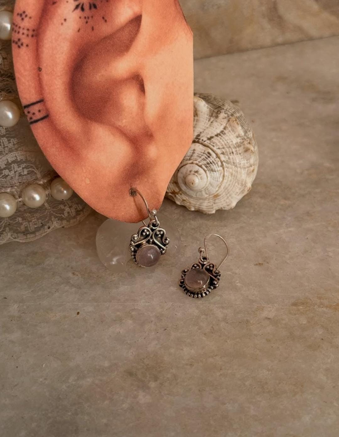 Round rose quartz boho rawa earrings in sterling silver
