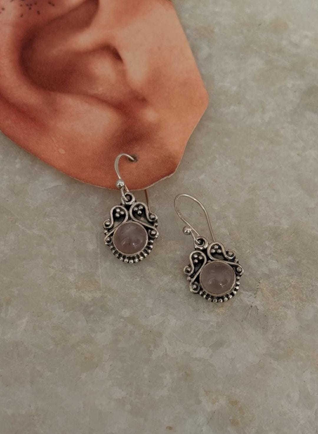 Elegant rose quartz round boho hook silver earrings