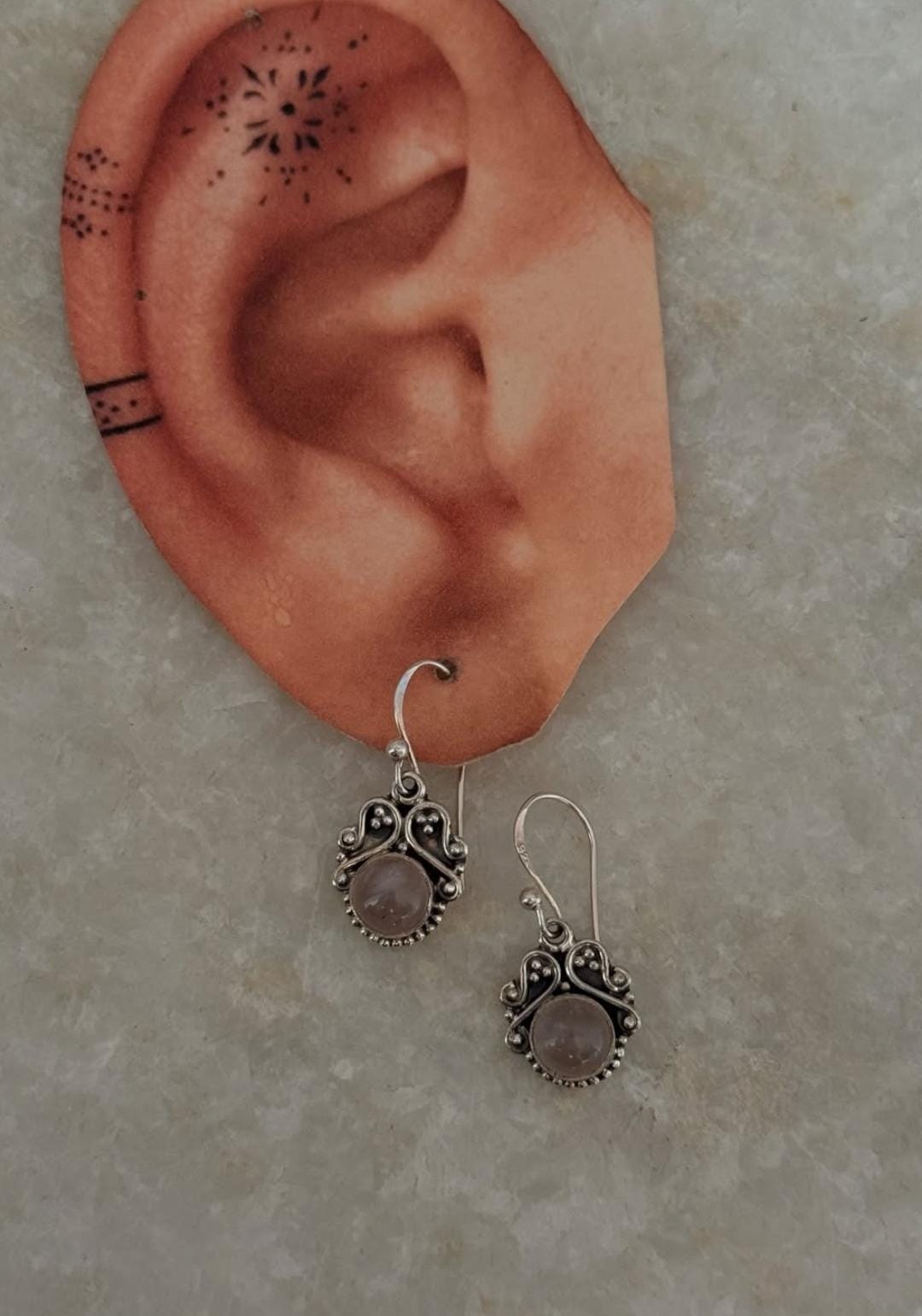 925 silver earrings with round rose quartz boho design
