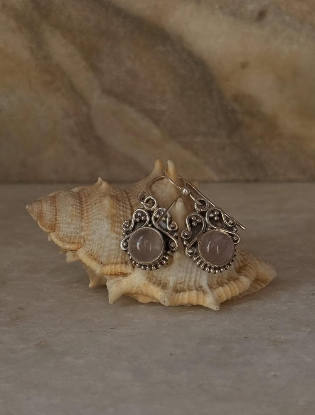 Handcrafted rose quartz round boho rawa sterling silver earrings