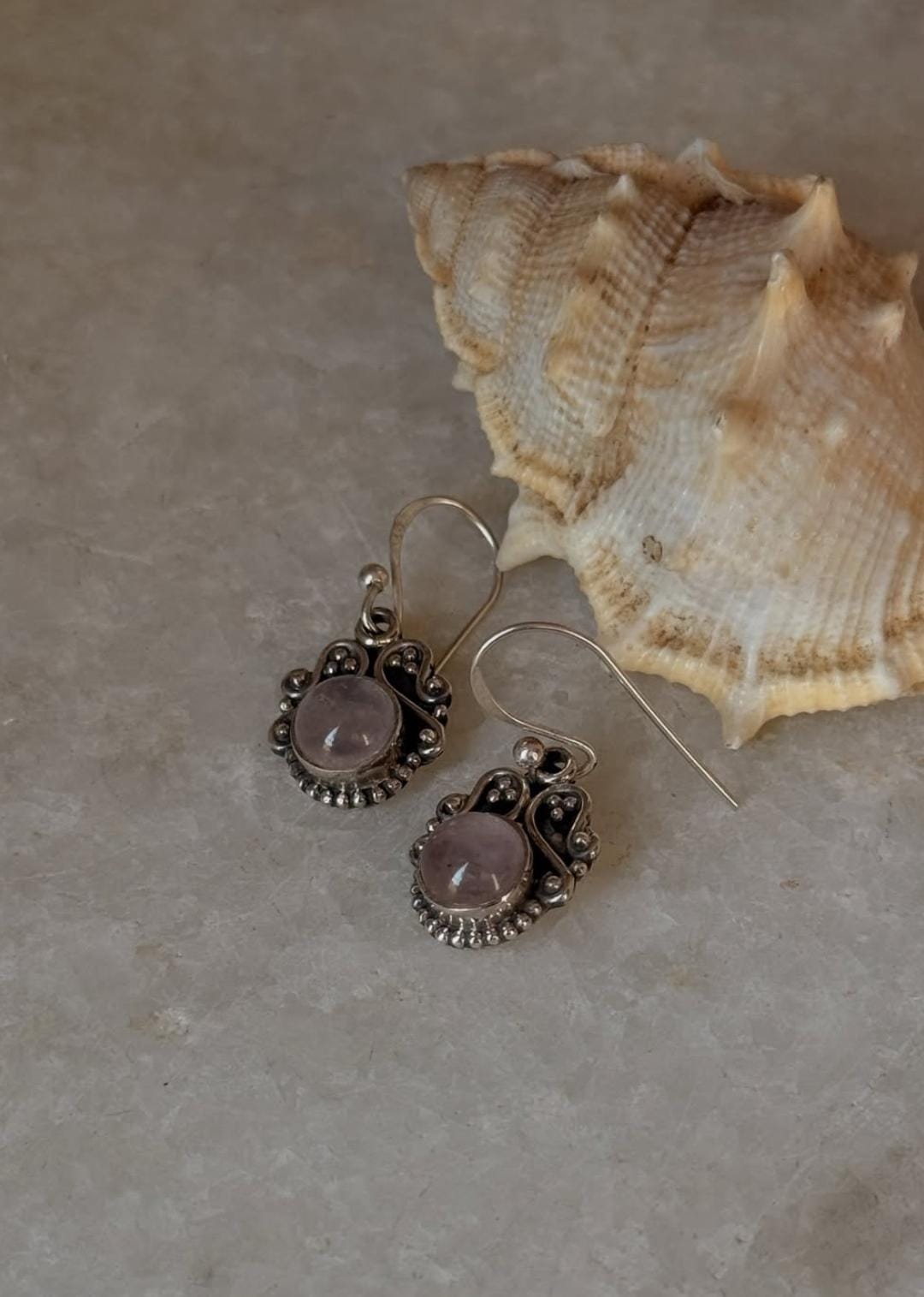 Sterling silver earrings with boho rose quartz round stones