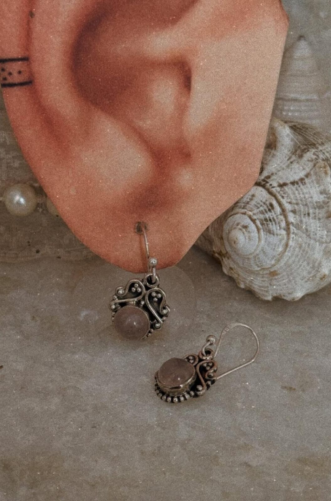 Pink rose quartz round boho dangle sterling silver earrings