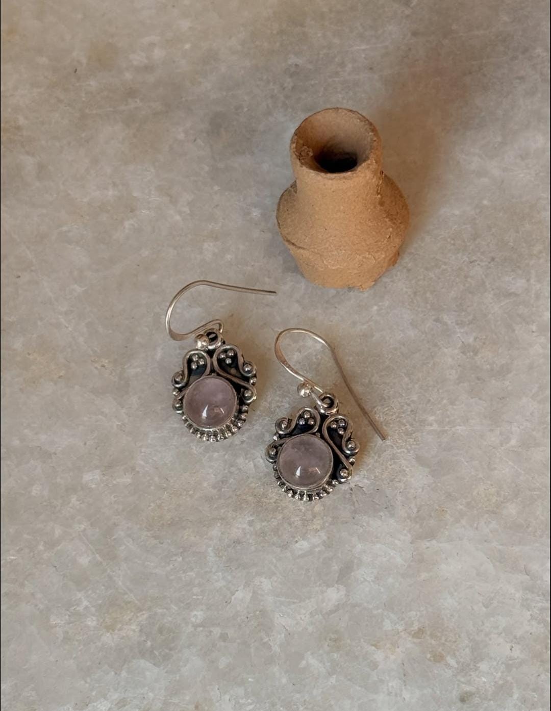 Boho style rose quartz round rawa silver earrings