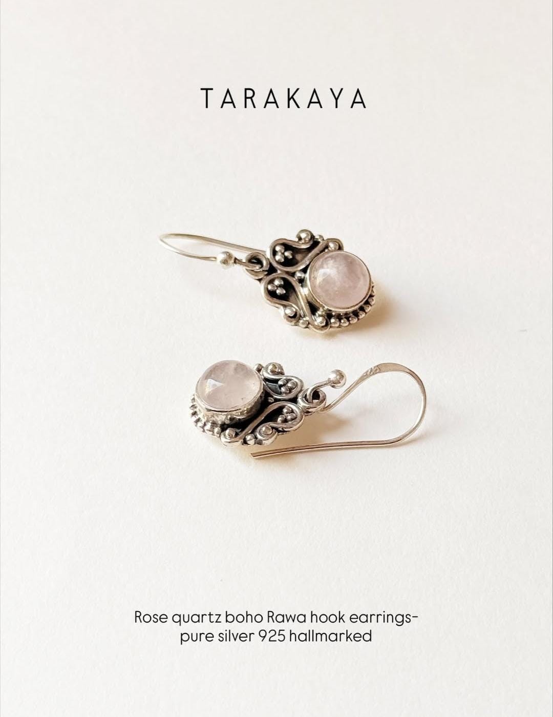 Rose quartz round boho rawa 925 sterling silver earrings