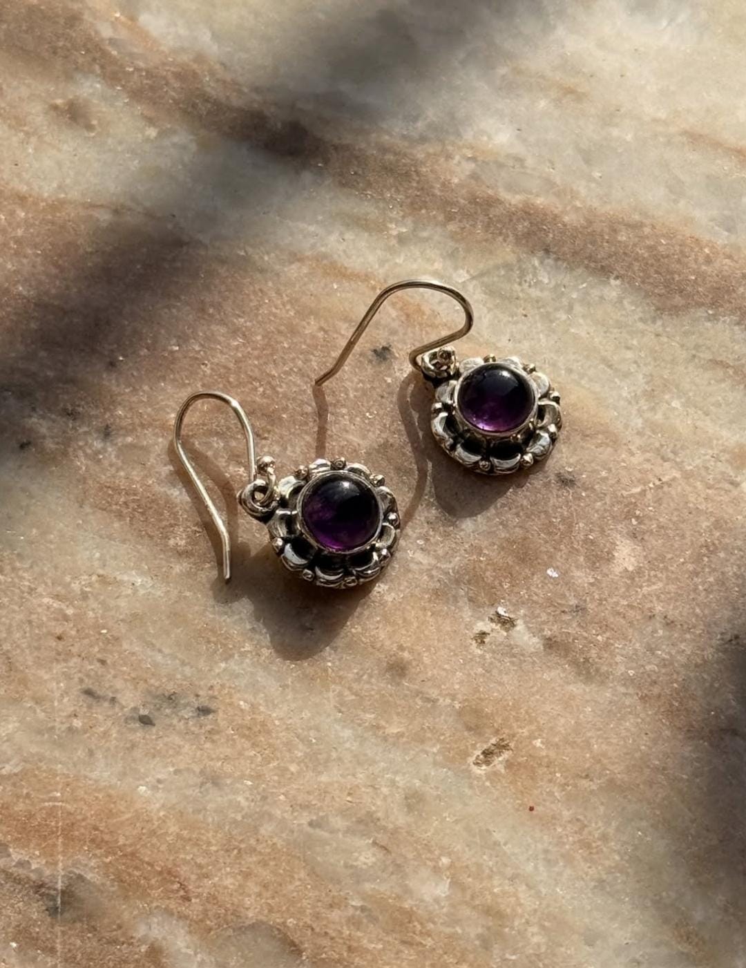 Amethyst Round Floral Boho 925 Sterling Silver Earrings