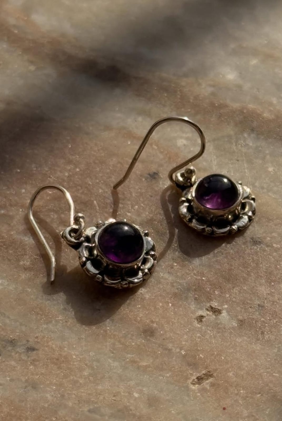 Amethyst Round Floral Boho 925 Sterling Silver Earrings