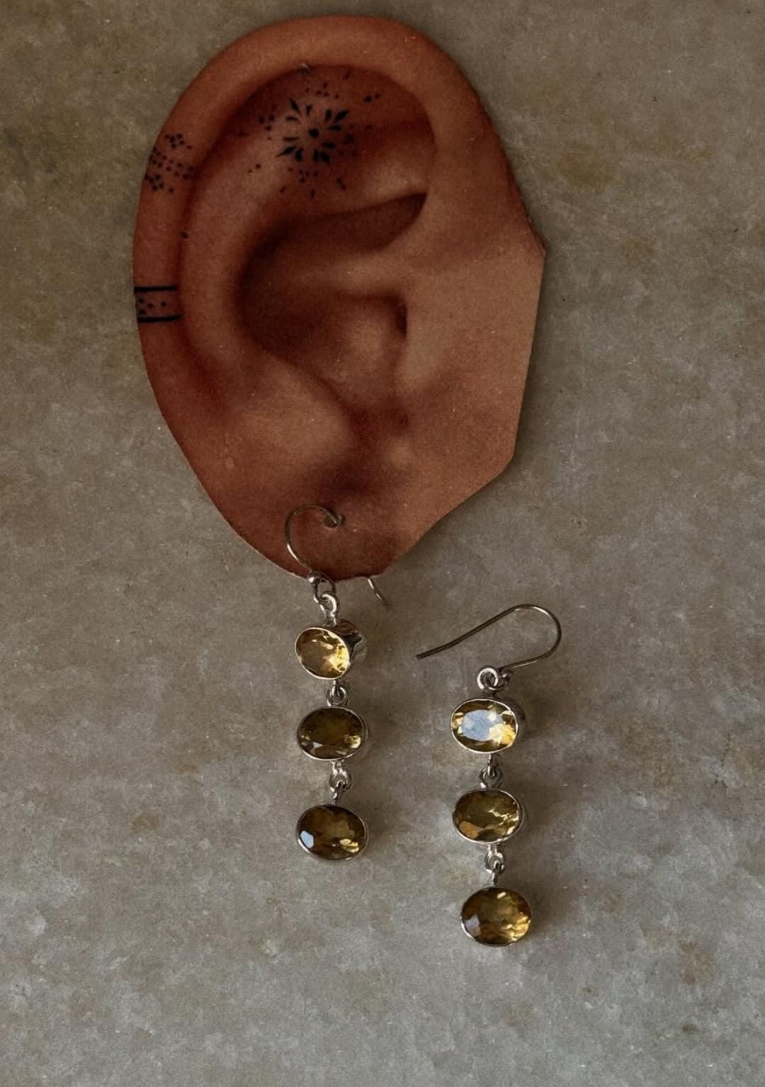 Citrine 3 Oval Statement 925 Sterling Silver Earrings