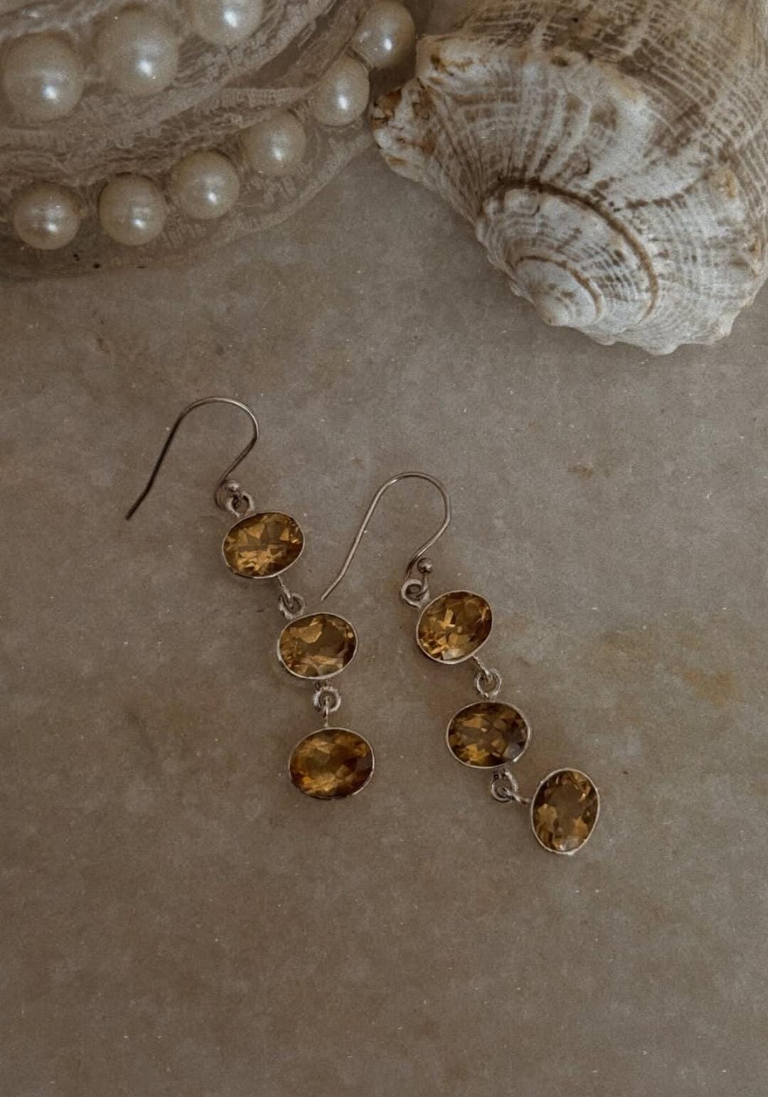 Citrine 3 Oval Statement 925 Sterling Silver Earrings