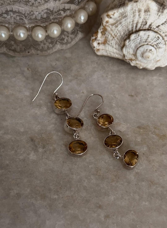 classic 925 sterling silver citrine 3 oval statement earrings