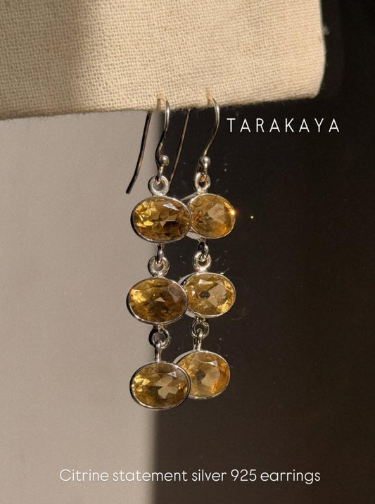 Citrine 3 Oval Statement 925 Sterling Silver Earrings