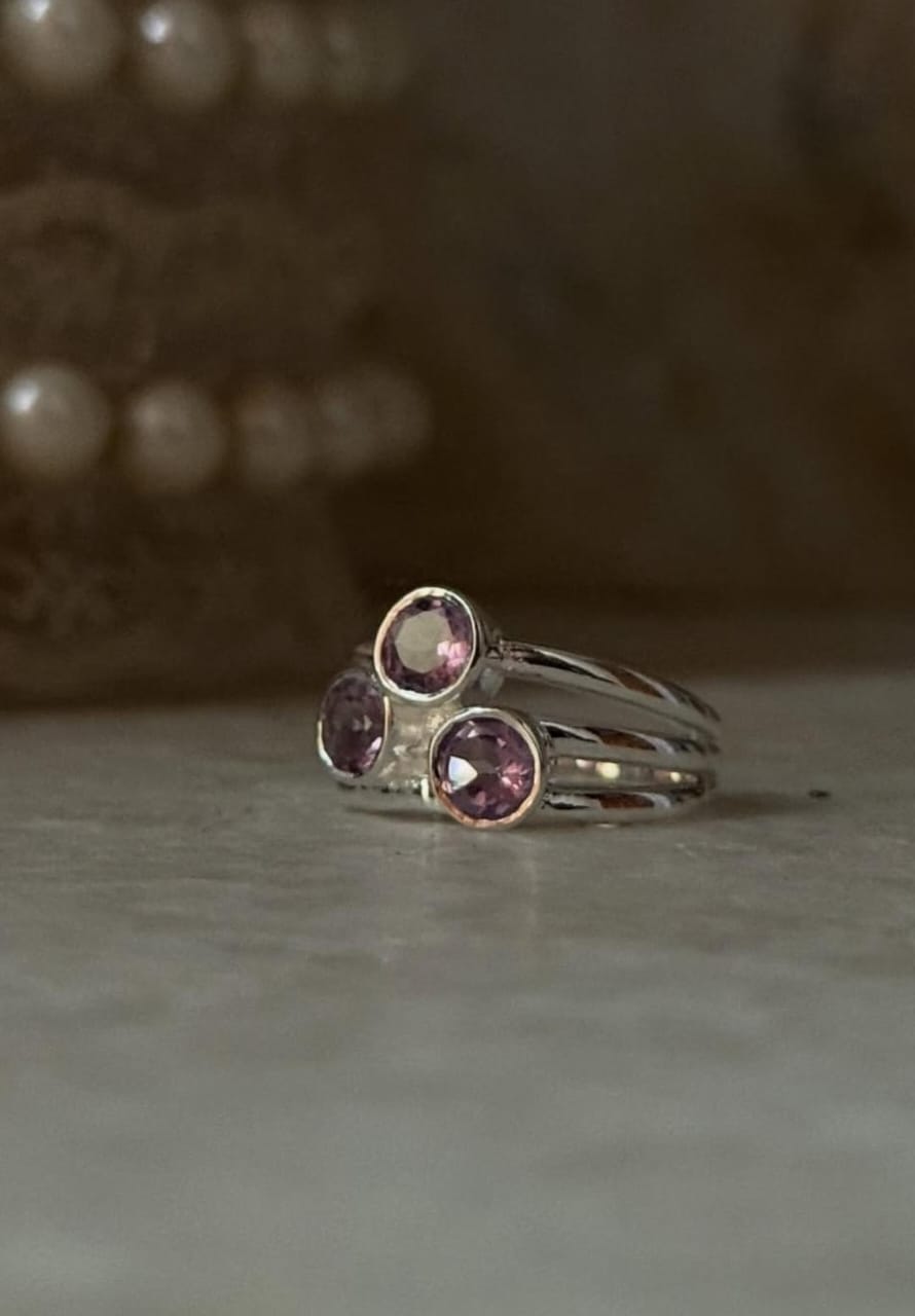 Elegant amethyst three band stacked 925 sterling silver ring
