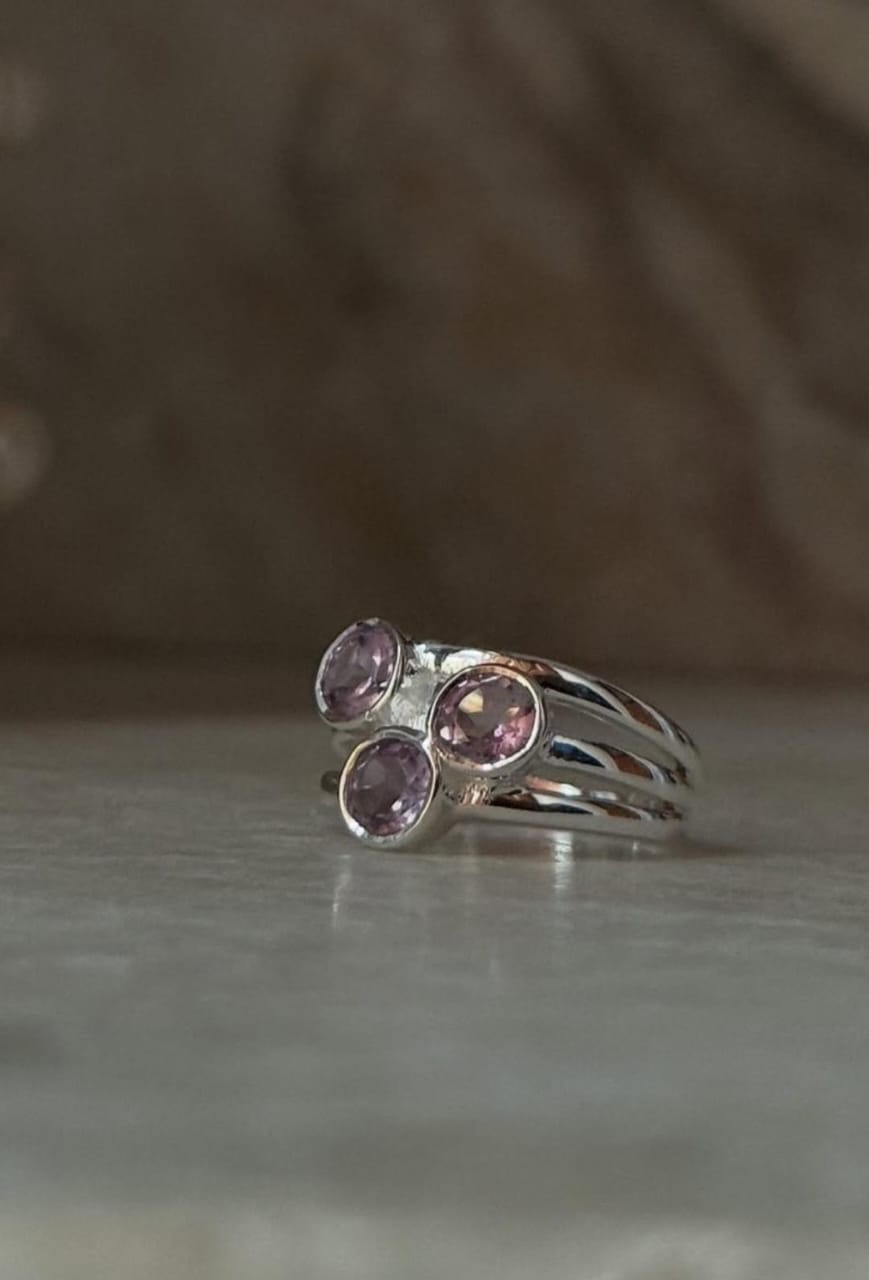 Amethyst three stacked band ring in 925 sterling silver