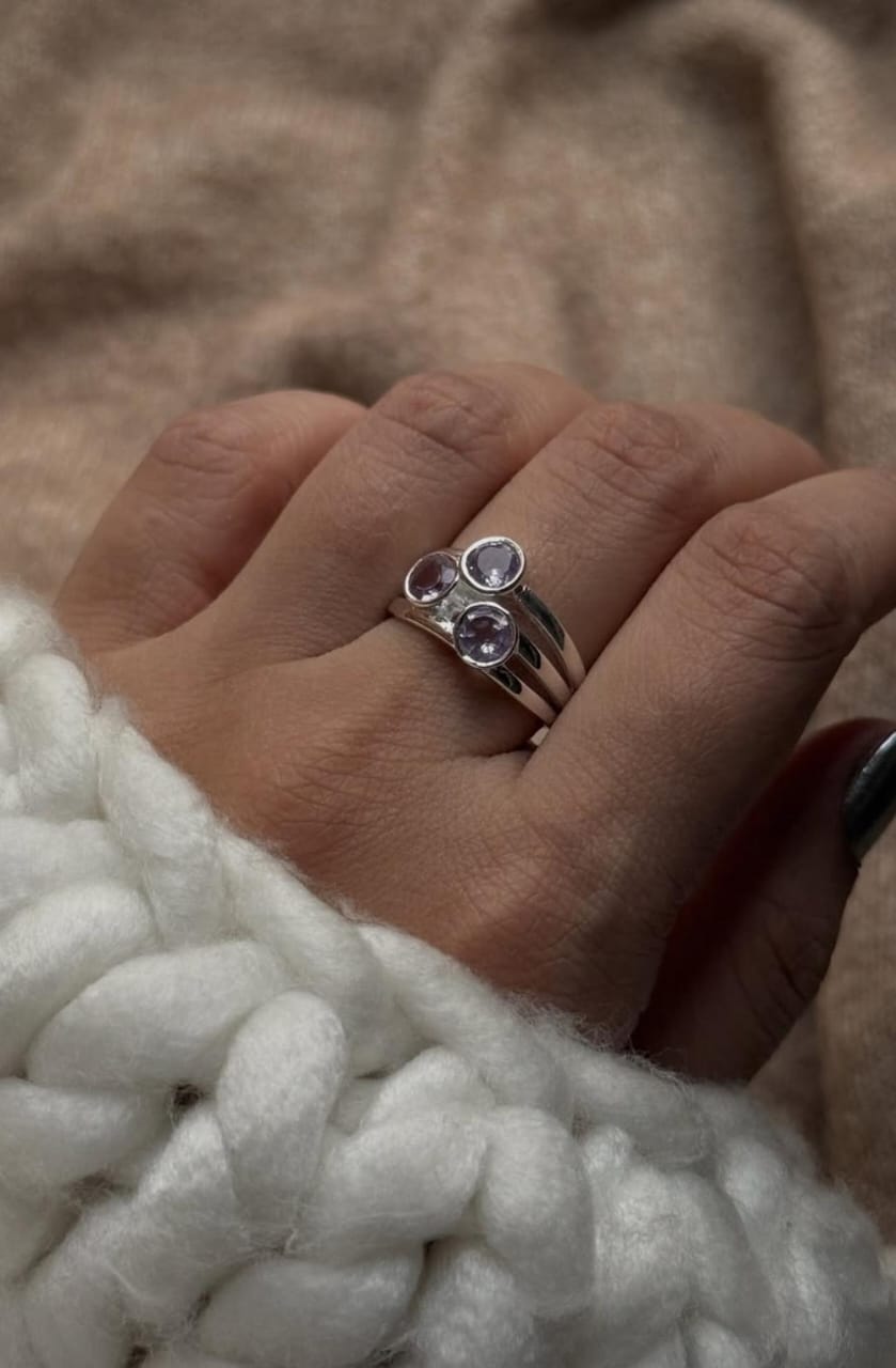 Natural amethyst 3 stack band 925 sterling silver ring  