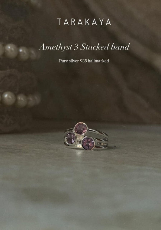 925 sterling silver amethyst 3 stacked band ring  