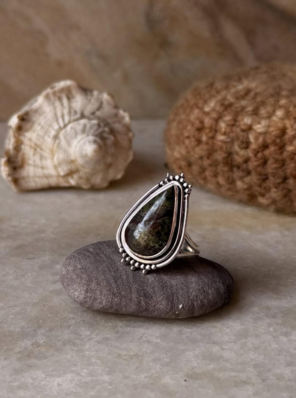 vintage-inspired nebula jasper pear 925 sterling silver ring  