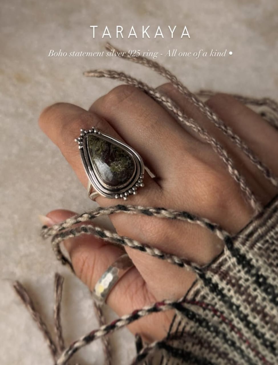 925 sterling silver nebula jasper pear boho statement ring  