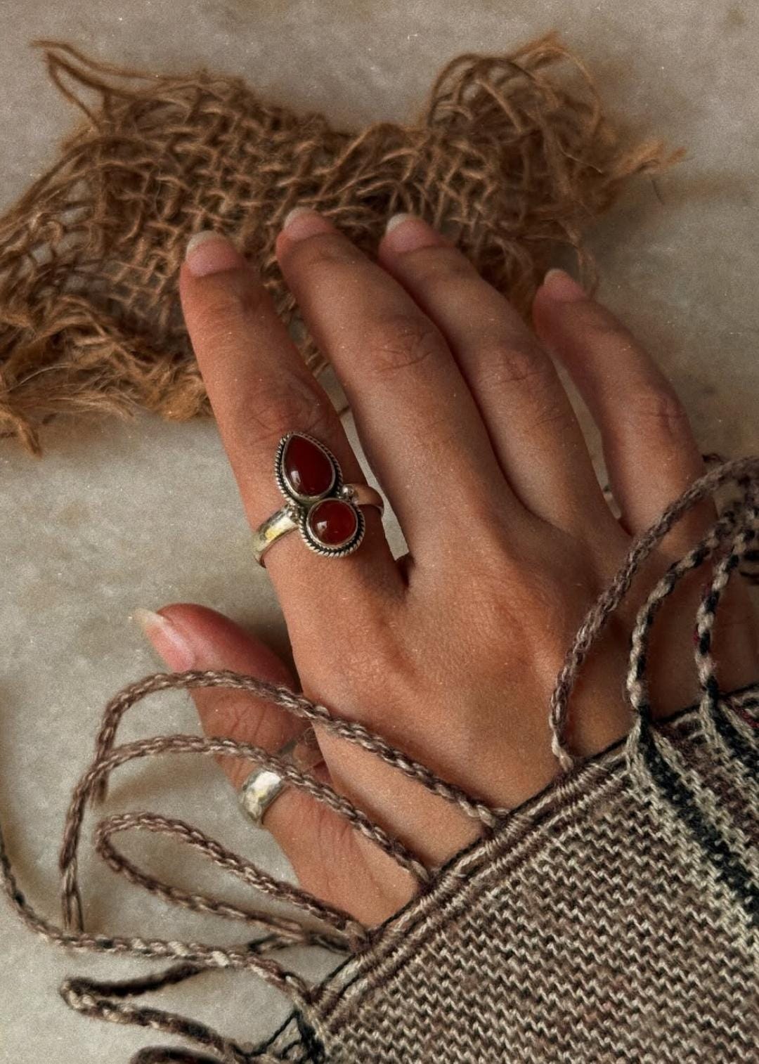 bohemian style 925 sterling silver carnelian pear and round gemstone ring