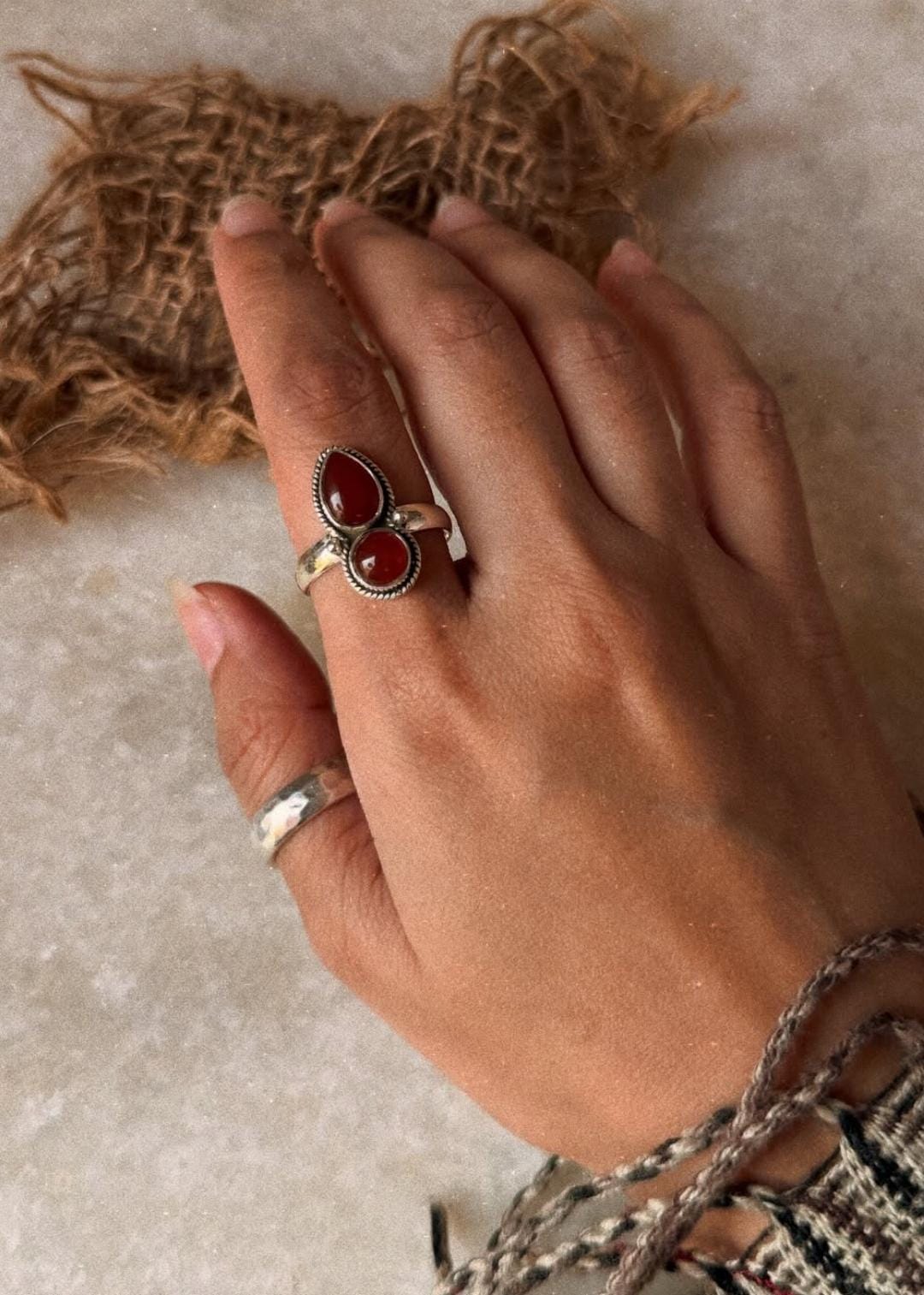 natural carnelian pear and round 925 sterling silver boho ring  