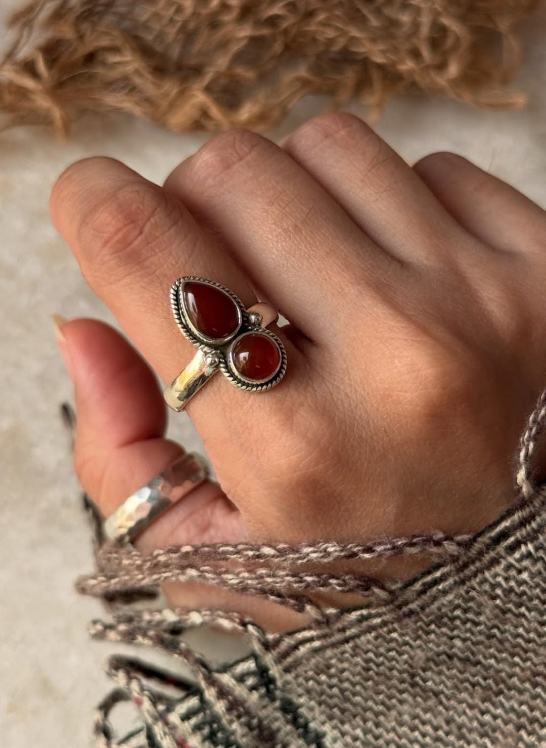vintage bohemian carnelian gemstone 925 sterling silver ring 