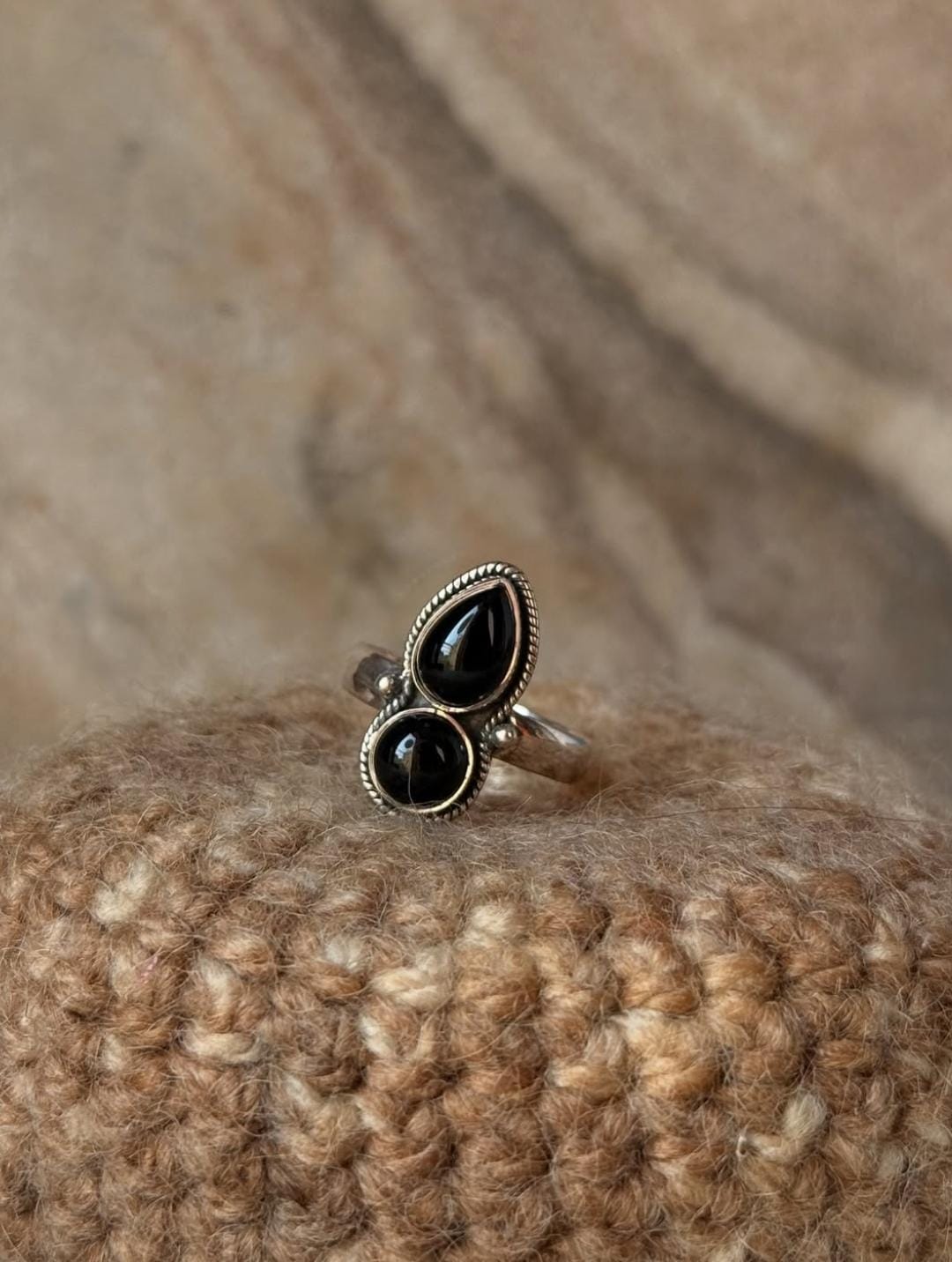 natural black onyx round and pear gemstone 925 sterling silver ring  