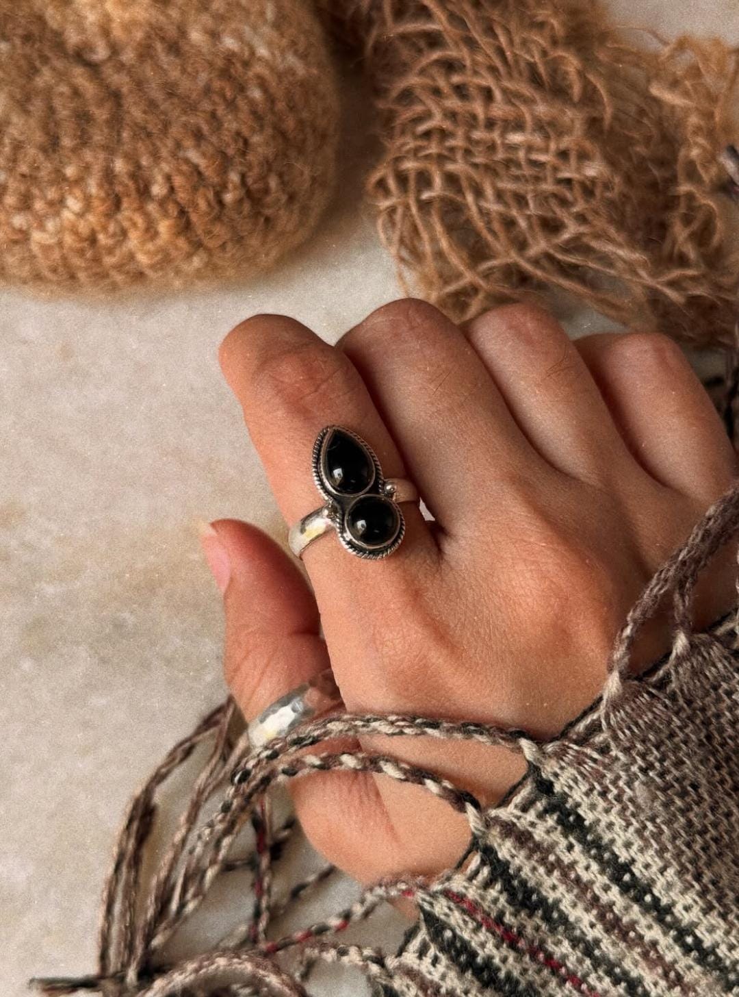 925 sterling silver bohemian black onyx round and pear ring  