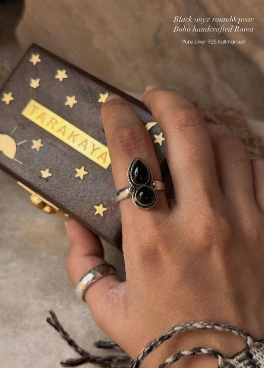 925 sterling silver bohemian black onyx round and pear ring  