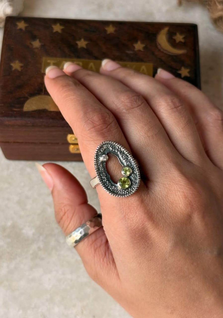 adjustable 925 sterling silver peridot white topaz statement ring