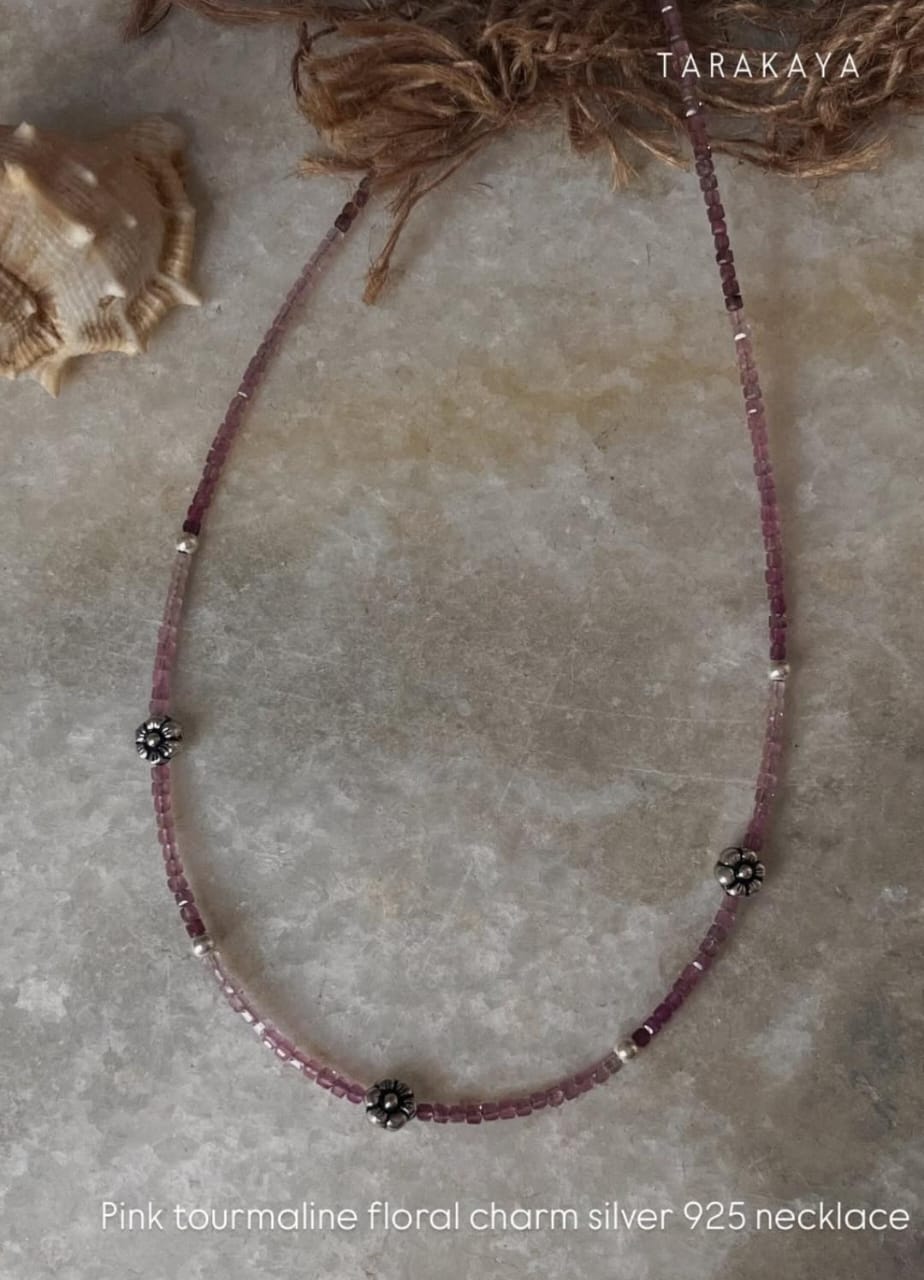 925 sterling silver pink tourmaline gradient box cut floral necklace  