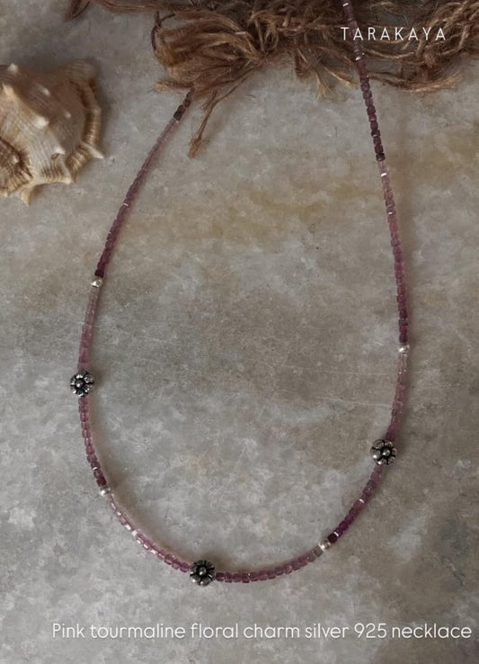 925 sterling silver pink tourmaline gradient box cut floral necklace  