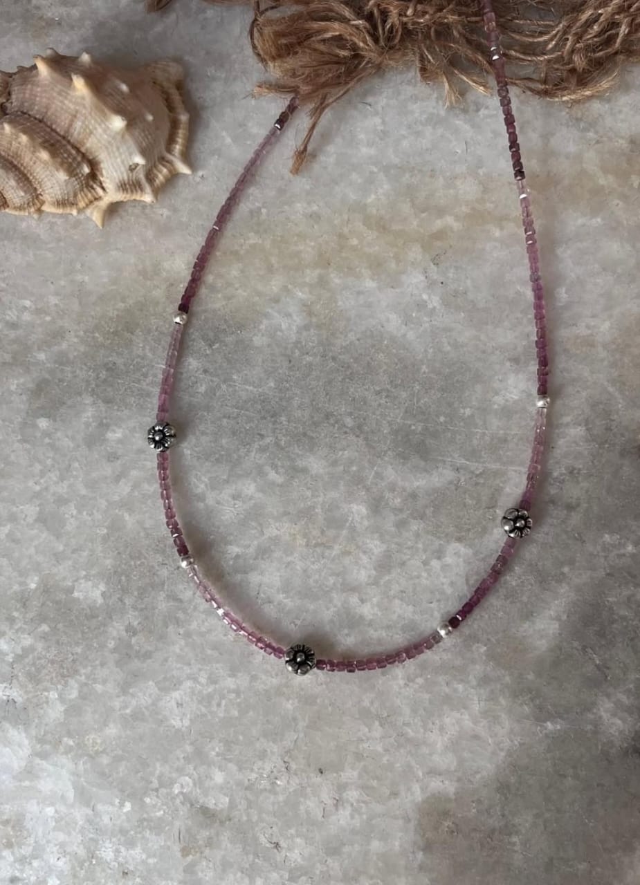 925 Sterling silver necklace with pink tourmaline floral box cut design