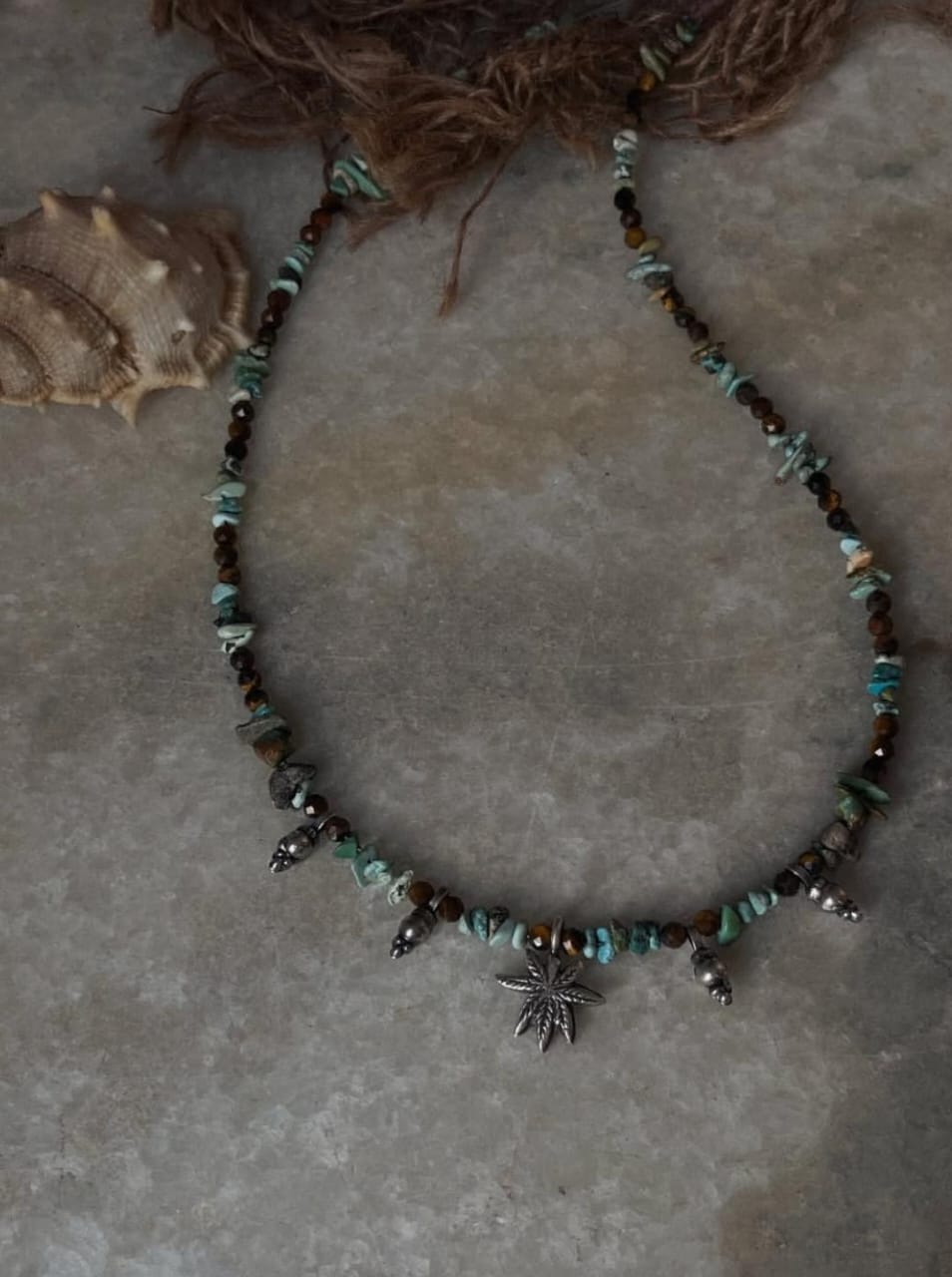 925 Sterling silver necklace with turquoise and tigereye hemp pendant