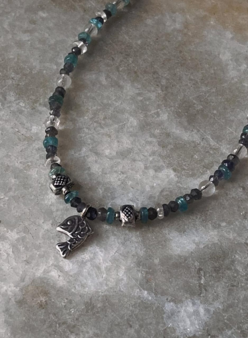 925 Sterling silver necklace with iolite apatite clear quartz fish pendant